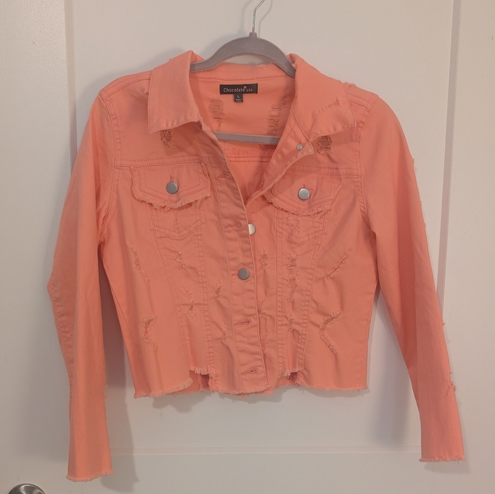 Vibrant Pink Frayed Denim Jacket